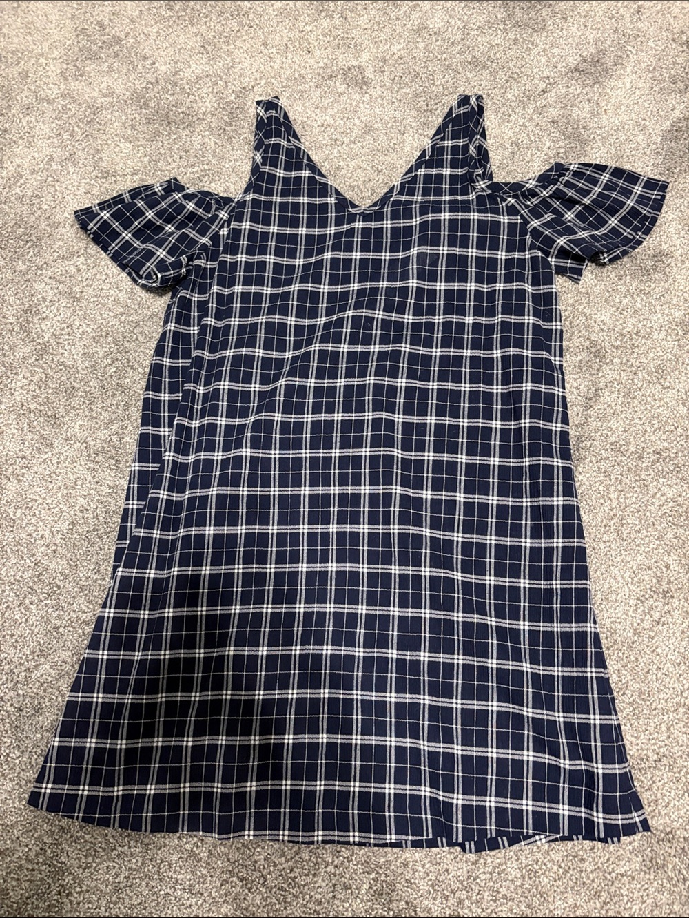 LOFT Navy and White Plaid Cold-Shoulder Dress